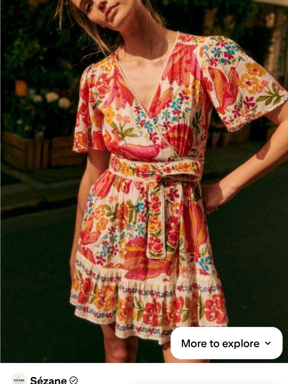 Sezane Floral Cotton Mini Dress in White with Yellow, Pink & Orange Flowers - Picture 3 of 5
